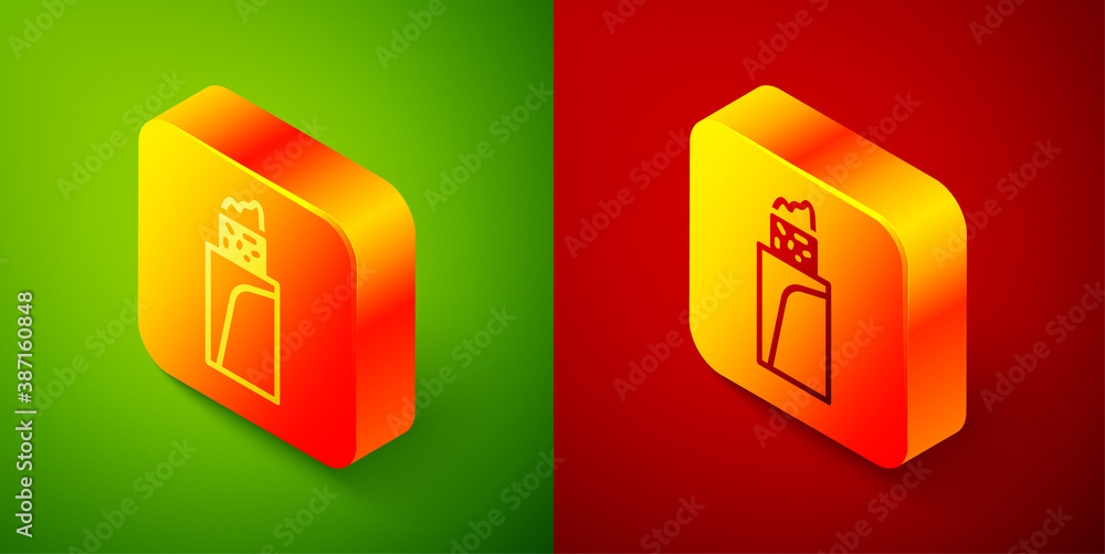 Isometric Burrito icon isolated on green and red background. Traditional mexican fast food. Square button. Vector. Isometric Burrito icon isolated on green and red background. Traditional mexican fast food. Square button. Vector.