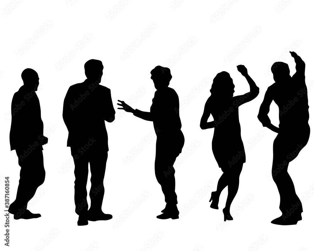 Young people are dancing in a nightclub. Isolated silhouettes on white background