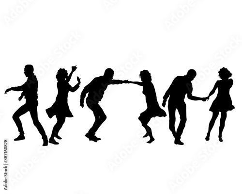 Young people are dancing in a nightclub. Isolated silhouettes on white background