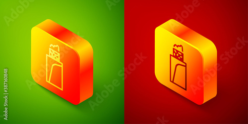 Fototapeta Naklejka Na Ścianę i Meble -  Isometric Burrito icon isolated on green and red background. Traditional mexican fast food. Square button. Vector.