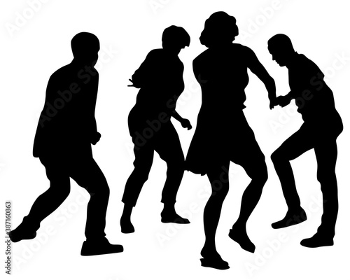 Young people are dancing in a nightclub. Isolated silhouettes on white background