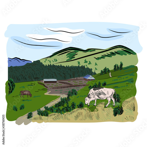 Beautiful hand drawn sketch illustration cow and mountains for your design. Eco farm.