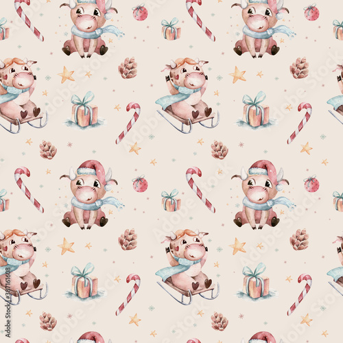 Watercolor cartoon cute Bull seamless pattern. Symbol of the year 2021. Funny Christmas background