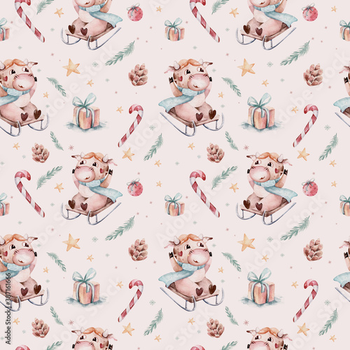 Watercolor cartoon cute Bull seamless pattern. Symbol of the year 2021. Funny Christmas background