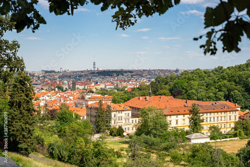 Arial View of Prague from the hill. Tile roofs.