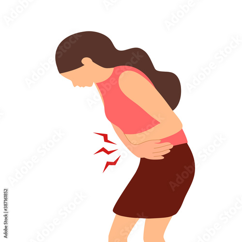 Woman feel pain in stomach concept vector illustration on white background. Diarrhea or constipation. Abdomen disease and illness. Period pain in flat design.