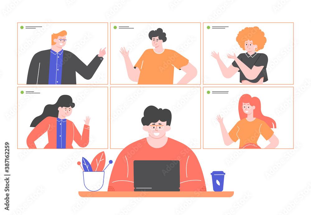 Videoconference, online meeting, remote team work. Man with a laptop is talking to colleagues. Vector flat illustration. Videoconference, online meeting, remote team work. Man with a laptop is talking to colleagues. Vector flat illustration.