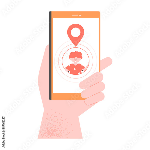 Hand holds phone with kid boy geolocation. Parental location control. Child safety. Vector flat illustration.