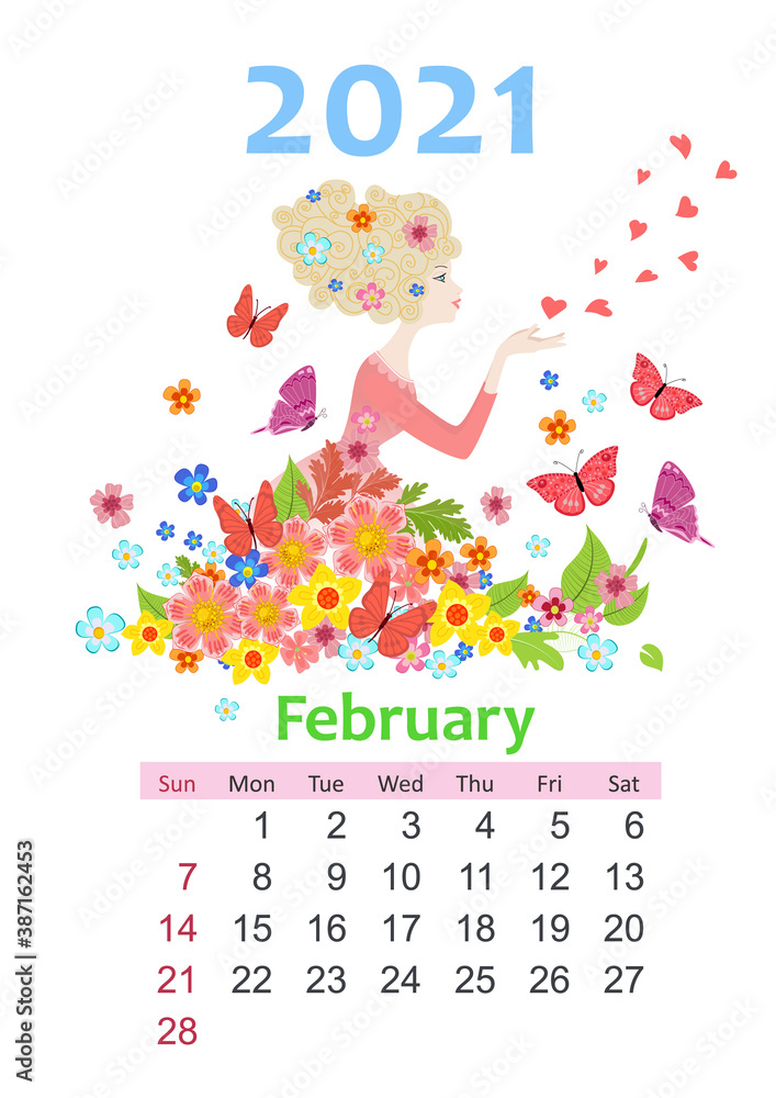 Obraz premium Calendar for 2021 February. beautiful girl with floral hairstyle