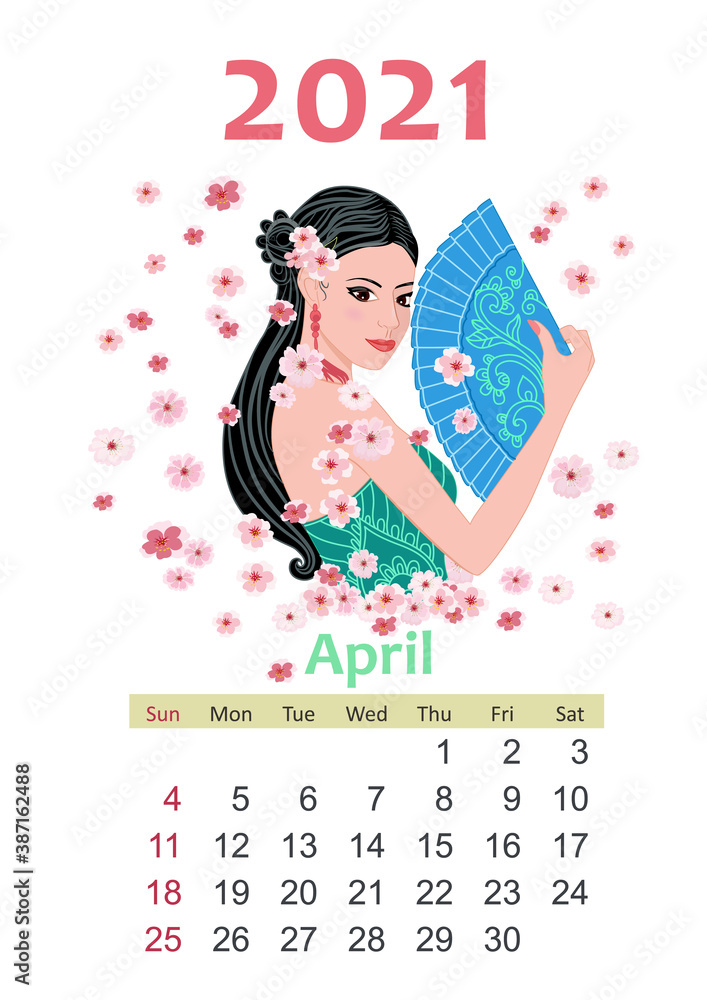 Calendar for 2021 April. beautiful girl with long black hair hol Calendar for 2021 April. beautiful girl with long black hair hol