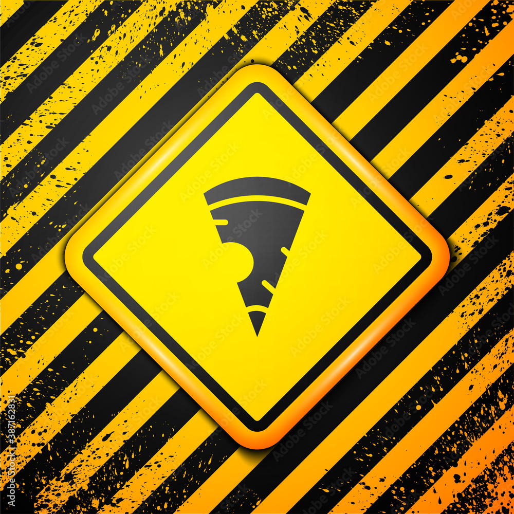 Black Slice of pizza icon isolated on yellow background. Fast food menu. Warning sign. Vector. Black Slice of pizza icon isolated on yellow background. Fast food menu. Warning sign. Vector.