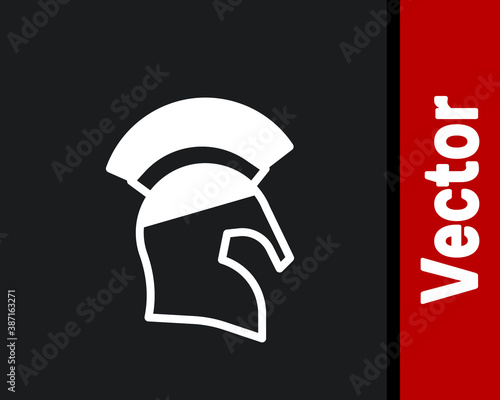 White Greek helmet icon isolated on black background. Antiques helmet for head protection soldiers with a crest of feathers or horsehair. Vector.