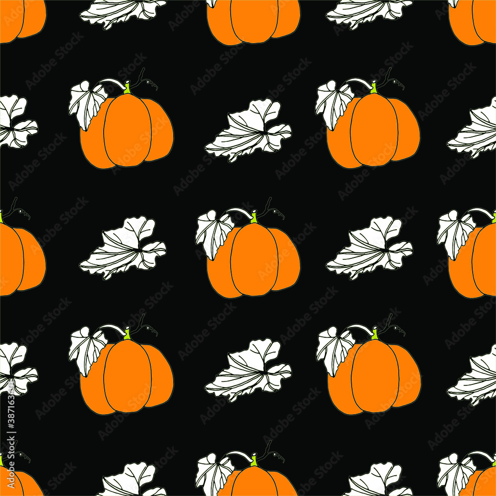 Orange pumpkin with white leaves on a black background, halloween, background, backdrop, packaging, texture