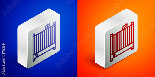 Isometric line Car radiator cooling system icon isolated on blue and orange background. Silver square button. Vector Illustration.