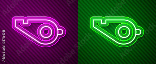 Glowing neon line Whistle icon isolated on purple and green background. Referee symbol. Fitness and sport sign. Vector Illustration.