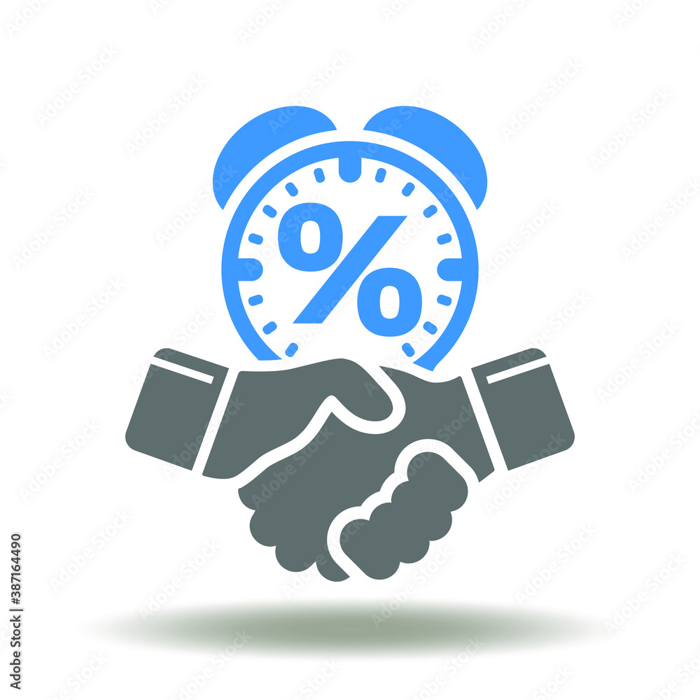 Handshake and alarm clock with percent icon vector. Microcredit, Microloan symbol. Fast Money Get Deal Sign. Handshake and alarm clock with percent icon vector. Microcredit, Microloan symbol. Fast Money Get Deal Sign.
