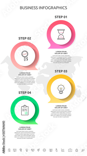 4 steps infographics with dialogs and charts. Vector circles template four parts used for diagram, business, workflow layout, presentations, flowchart, info graph, timeline, chart, processes diagram