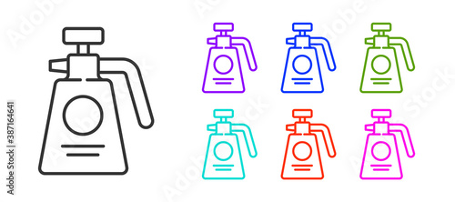 Black line Garden sprayer for water, fertilizer, chemicals icon isolated on white background. Set icons colorful. Vector Illustration.