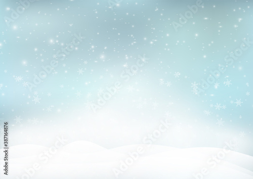Falling snow and snowflakes on blue background, Christmas backdrop vector illustration © shark749