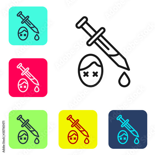 Black line Sword with blood icon isolated on white background. Medieval weapons knight and soldier. Symbol of murder. Set icons in color square buttons. Vector.