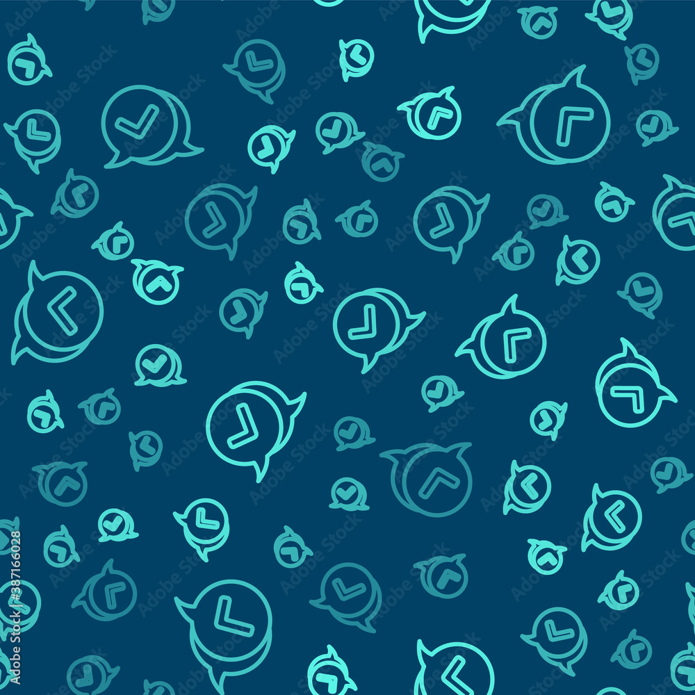 Green line Check mark in speech bubble icon isolated seamless pattern on blue background. Security, safety, protection, privacy concept. Tick mark approved. Vector.