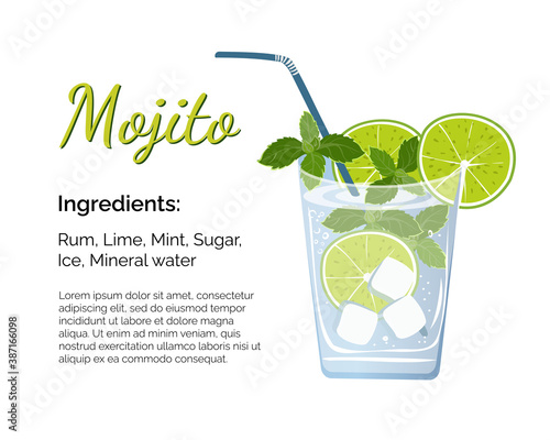 Mojito cocktail with place for ingredients and recipe on a white background. Cocktail card template. 