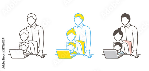 家族でパソコンをするイラスト