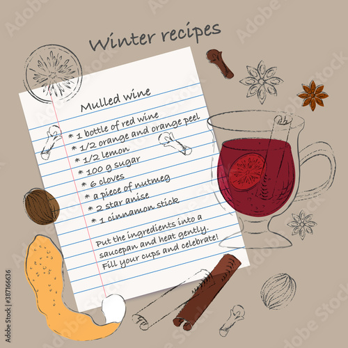 Mulled wine sketchbook style recipe with ingredients drawings