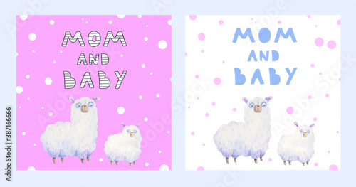 cute baby card mother and baby, cute alpacas, llamas, illustration, room decor, print