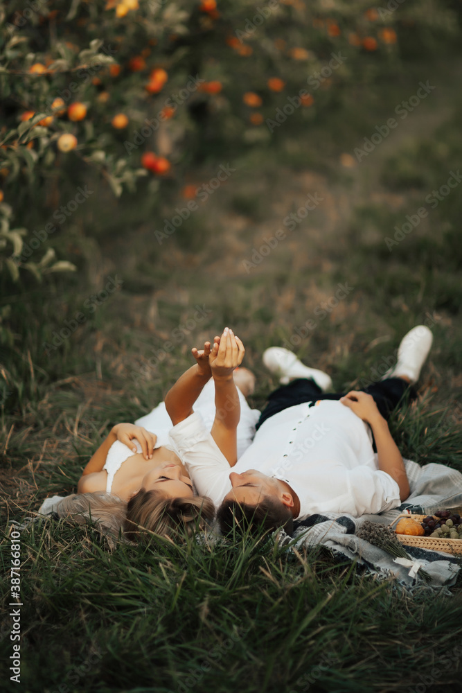 Young couple resting on the nature. Couple in love spend leisure time together at picnic. They lying on grass and holding hands.