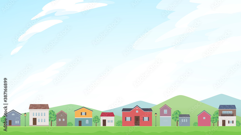 家の並んだ風景と空のフレームイラスト_16:9 家の並んだ風景と空のフレームイラスト_16:9