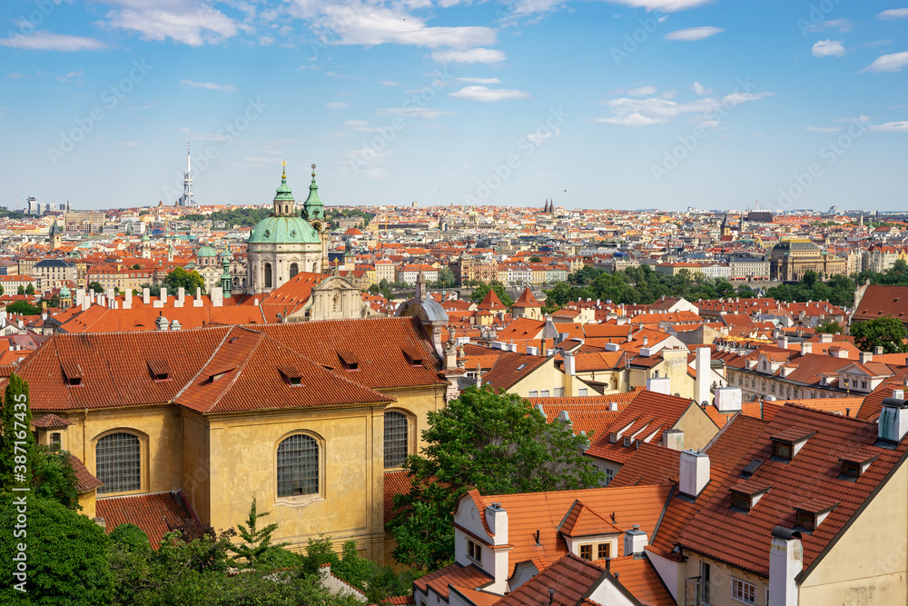 Arial View of Prague from the hill. Tile roofs.