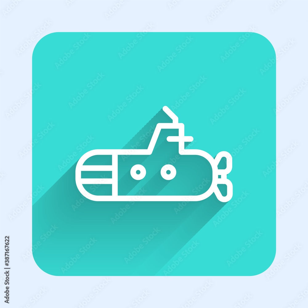 White line Submarine icon isolated with long shadow. Military ship. Green square button. Vector. White line Submarine icon isolated with long shadow. Military ship. Green square button. Vector.