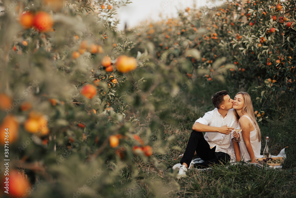 Happy couple on summer picnic. Lovers enjoy each other. The young man kisses the girl on the cheek and girl smiling with closed eyes.