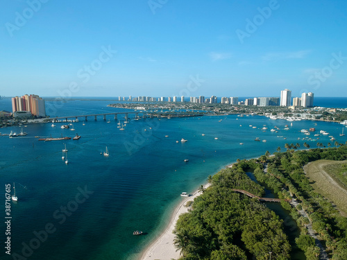 Drone photography over Peanut Island sandbar with Singer Island in the background. West Palm Beach Florida. photo