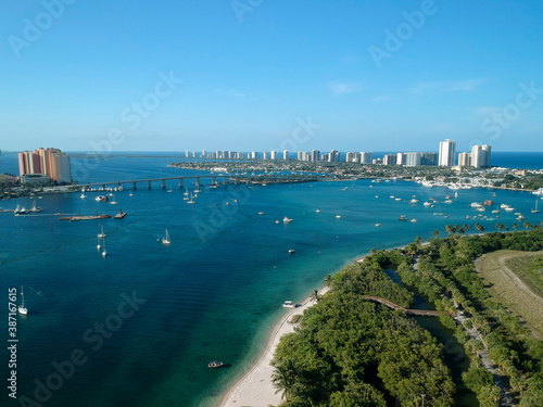 Drone photography over Peanut Island sandbar with Singer Island in the background. West Palm Beach Florida.
