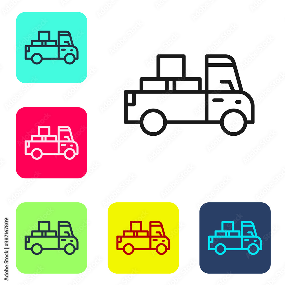 Black line Delivery truck with cardboard boxes behind icon isolated on white background. Set icons in color square buttons. Vector. Black line Delivery truck with cardboard boxes behind icon isolated on white background. Set icons in color square buttons. Vector.