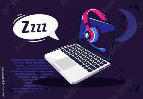 Vector illustration of laptop with headphones at night, night rest of computer equipment, send to sleep mode