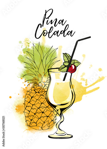Pina Colada. Cocktails banner. Watercolor vector cocktails. 