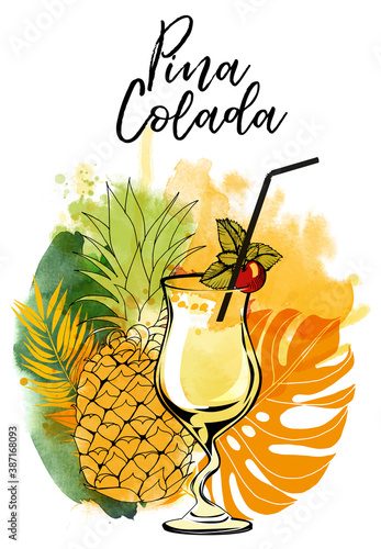 Pina Colada. Cocktails banner. Watercolor vector cocktails. 