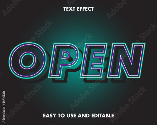 Neon Open Text Effect. Easy to Use and Editable. Premium Vector Illustration