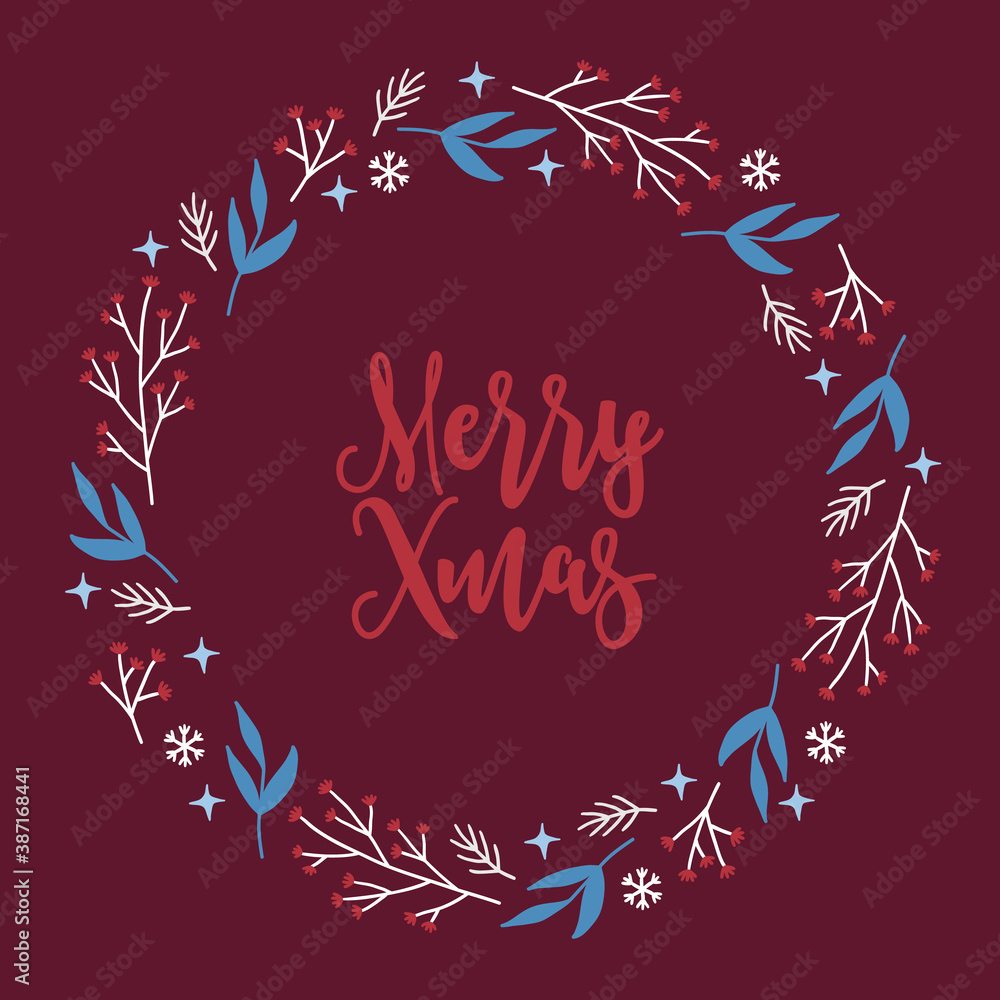 Obraz premium Christmas wreath with leaves, snowflakes, stars, fir branches. Vector illustration