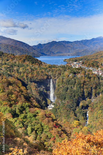 Autumnal kegon waterfall and cyuzenji lake seen from Akechidaira