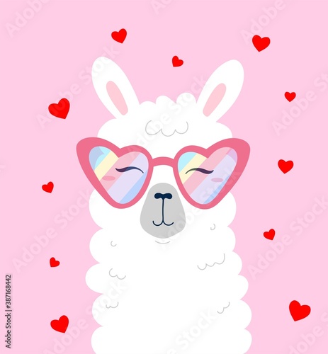 Happy llama head wearing rainbow sunglasses with hearts in cartoon flat style. Cute alpaca character design for cards, prints, textile, Valentine's day, baby shower or nursery. Vector illustration