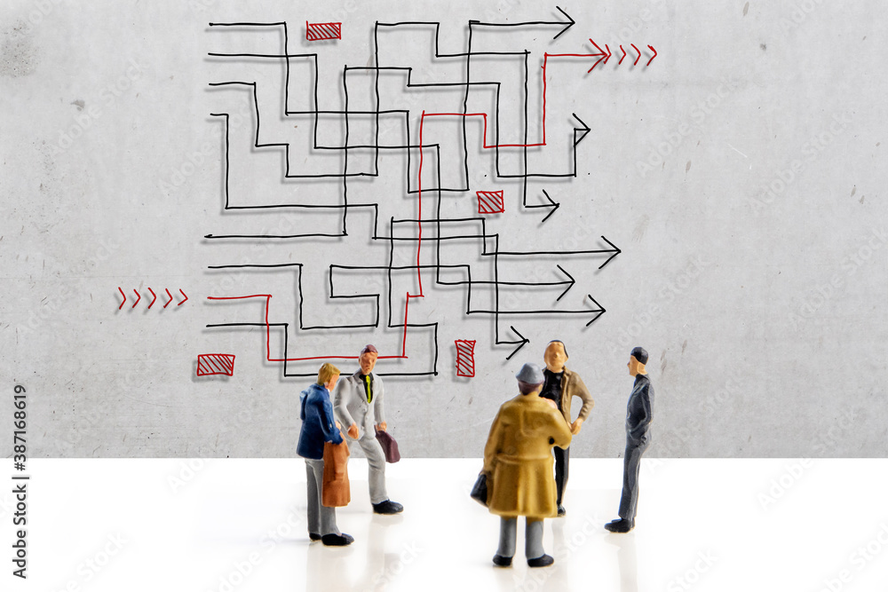 team of people solving a difficult maze problem, finding best possible solution team of people solving a difficult maze problem, finding best possible solution