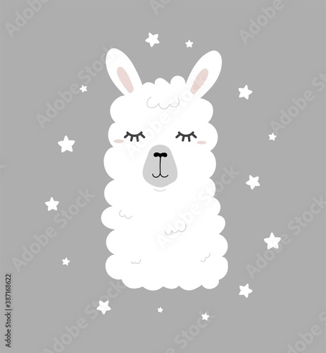 Cute hand drawn llama with closed eyes and stars in scandinavian style. Sweet dreams poster design for nursery, baby shower, card, invitation etc. Alpaca character in flat style vector illustration