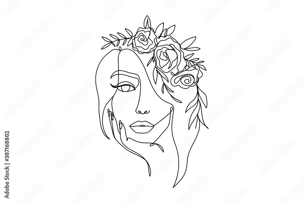 Trendy woman's face fashion illustration in one line art style. Continuous  art modern vector illustration with face silhouette and floral wreath on  white background. Tattoo, print or fashion concept Stock Vector |