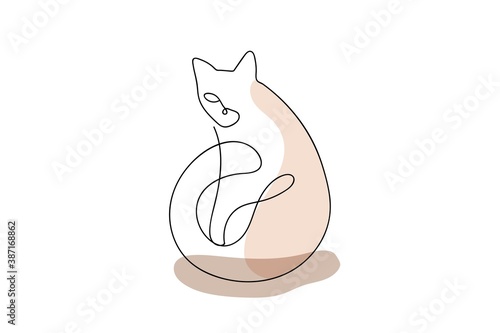 Modern one line art cat with abstract shapes isolated on white background. Hand drawn continuous line art vector illustration for fashion, prints, posters, leaflets, cards or invitations. Abstract cat