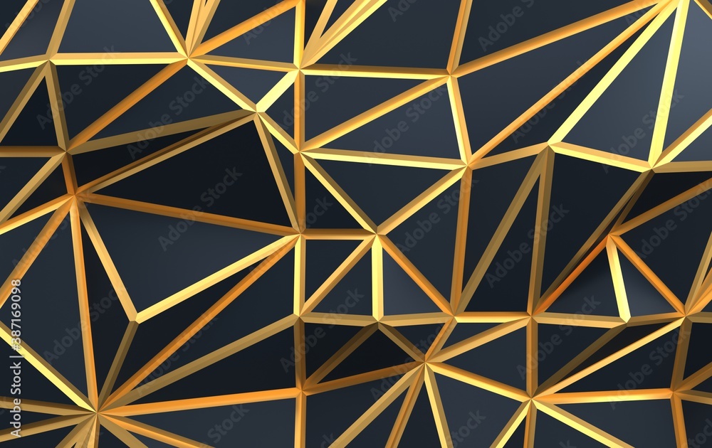 Background with triangular geometric shapes, pyramids in dark shades with gold accents