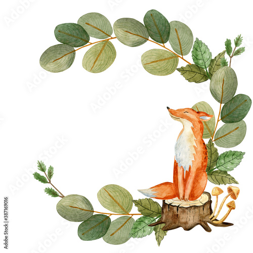 Watercolor Christmas wreath, frame with space for your wishes and greetings. Pattern of fir branches, eucalyptus, fern, red berries, fox
 and Christmas decorations. Illustration can be used for design